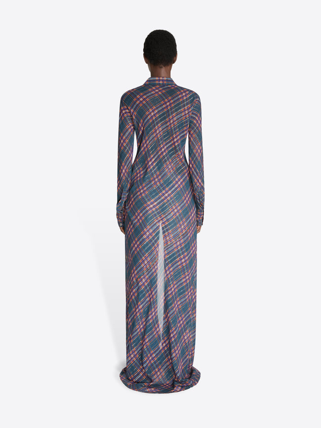 Back view of a model stands against a light gray background wearing a long-sleeve button-front shirt dress with a pink and blue plaid pattern.