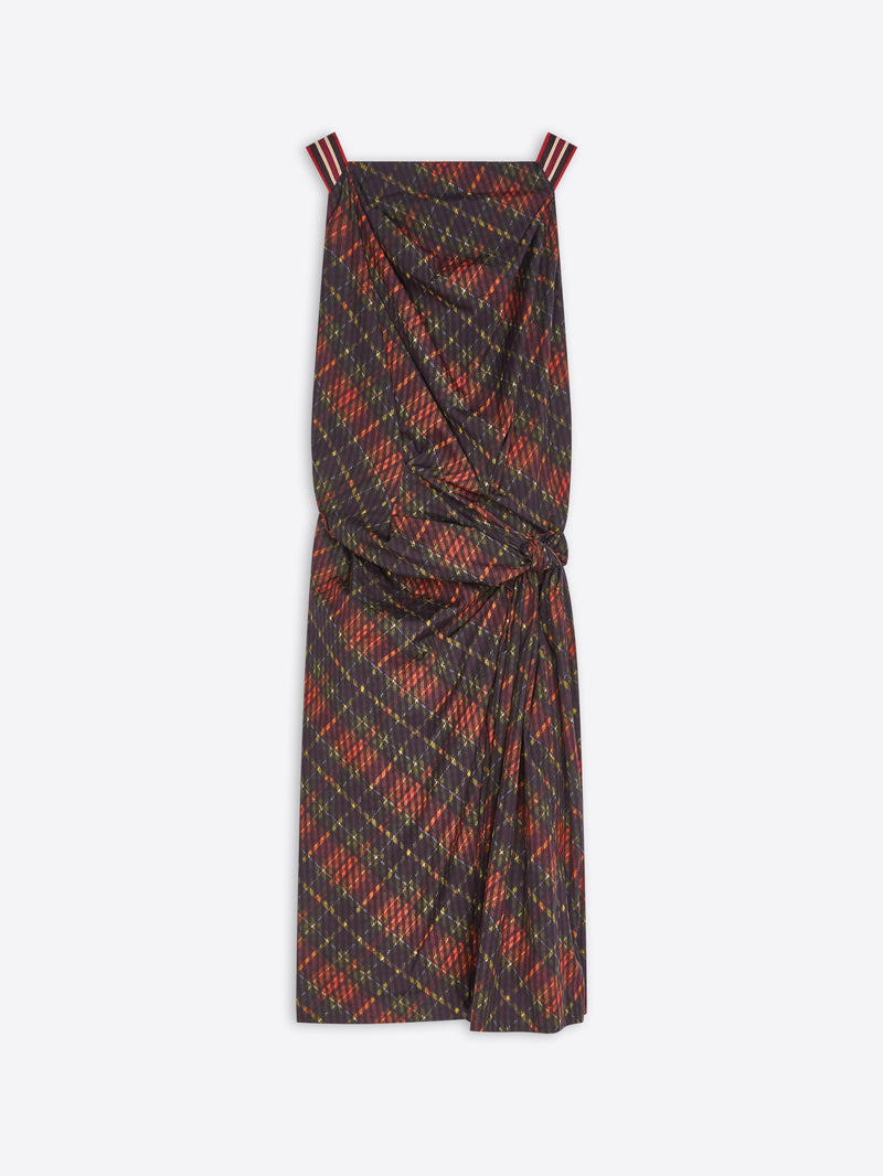 A sleeveless draped midi dress with a dark charcoal base and a red, orange, and yellow geometric pattern, featuring thin shoulder straps with red stripes.