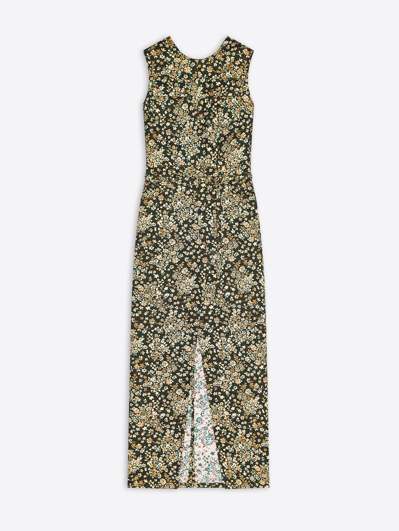 A sleeveless midi dress with a dense floral print in olive green, beige, and cream, featuring a high front slit.