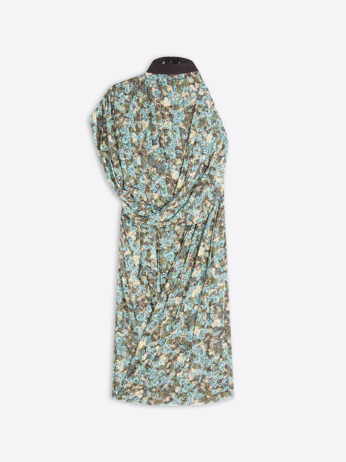 A sleeveless draped dress with a dense floral print in light blue, olive green, and beige displayed against a light gray background.