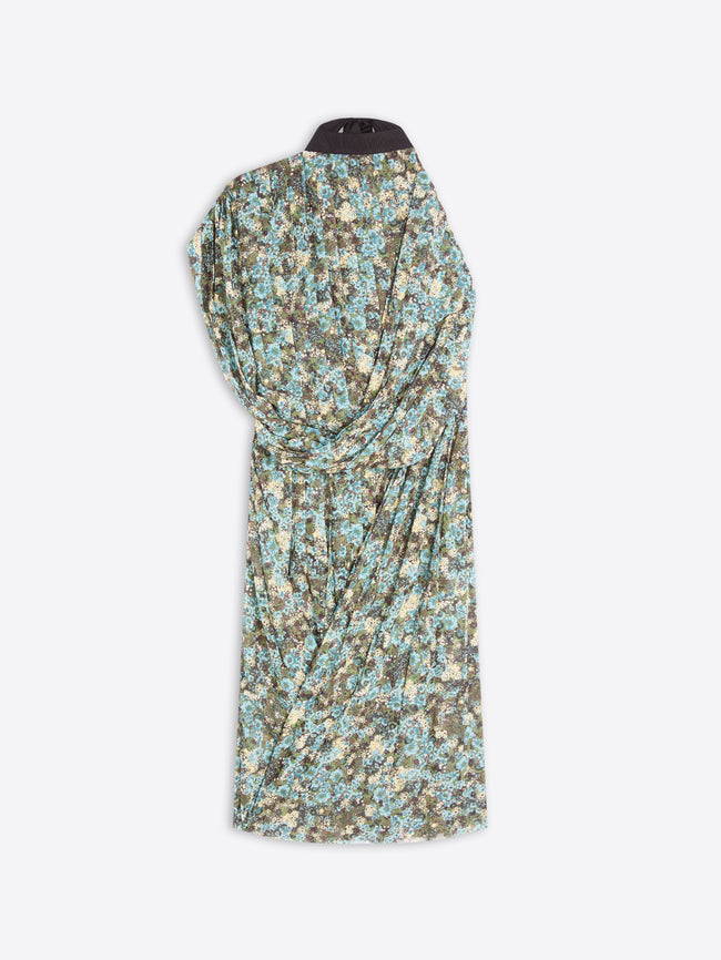 A sleeveless draped dress with a dense floral print in light blue, olive green, and beige displayed against a light gray background.