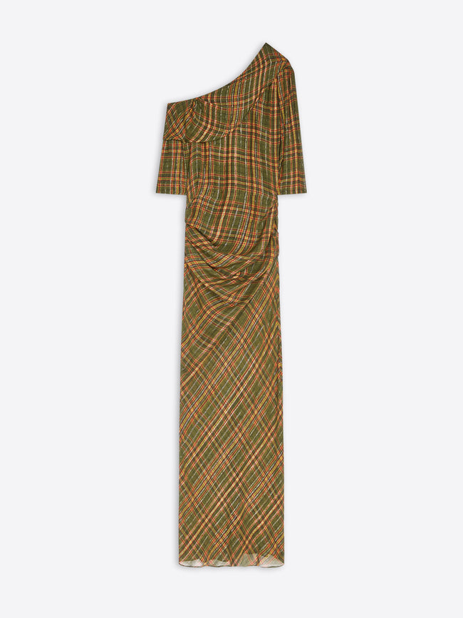 A one-shoulder maxi dress with a green, brown, and orange plaid pattern, featuring a draped bodice and a short sleeve, shown against a light gray background.