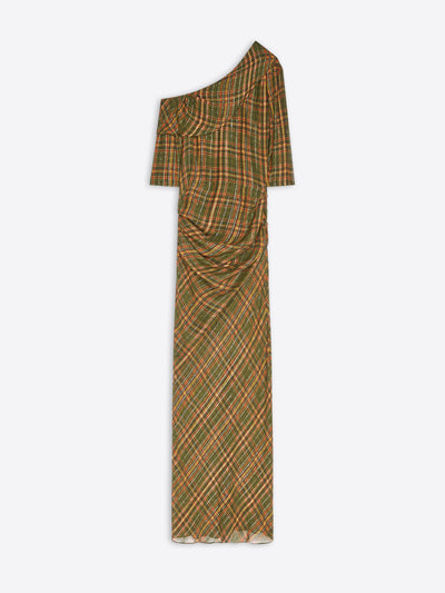 A one-shoulder maxi dress with a green, brown, and orange plaid pattern, featuring a draped bodice and a short sleeve, shown against a light gray background.