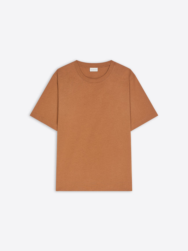 A plain short-sleeve crewneck t-shirt in a warm camel orange color, presented flat against a light gray background.