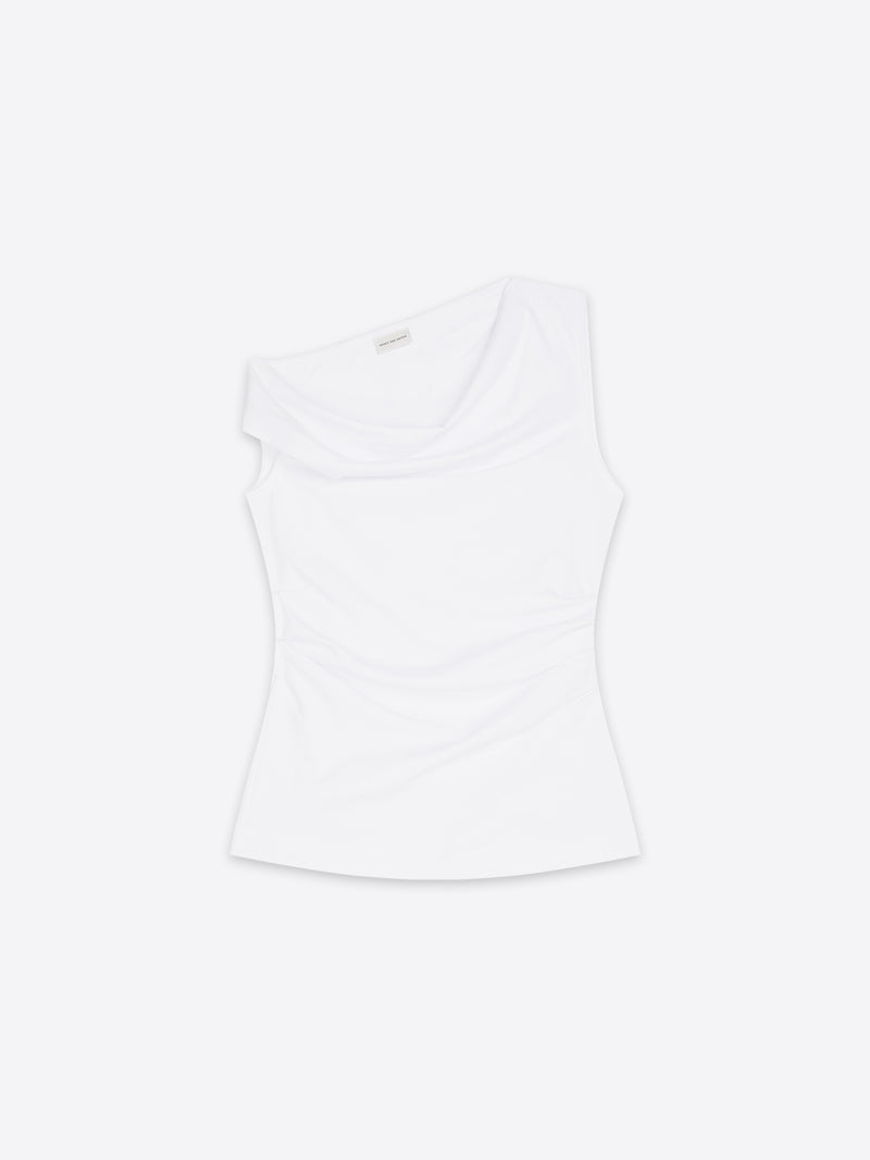 A white top with a ruched waist, shown flat against a light gray background.