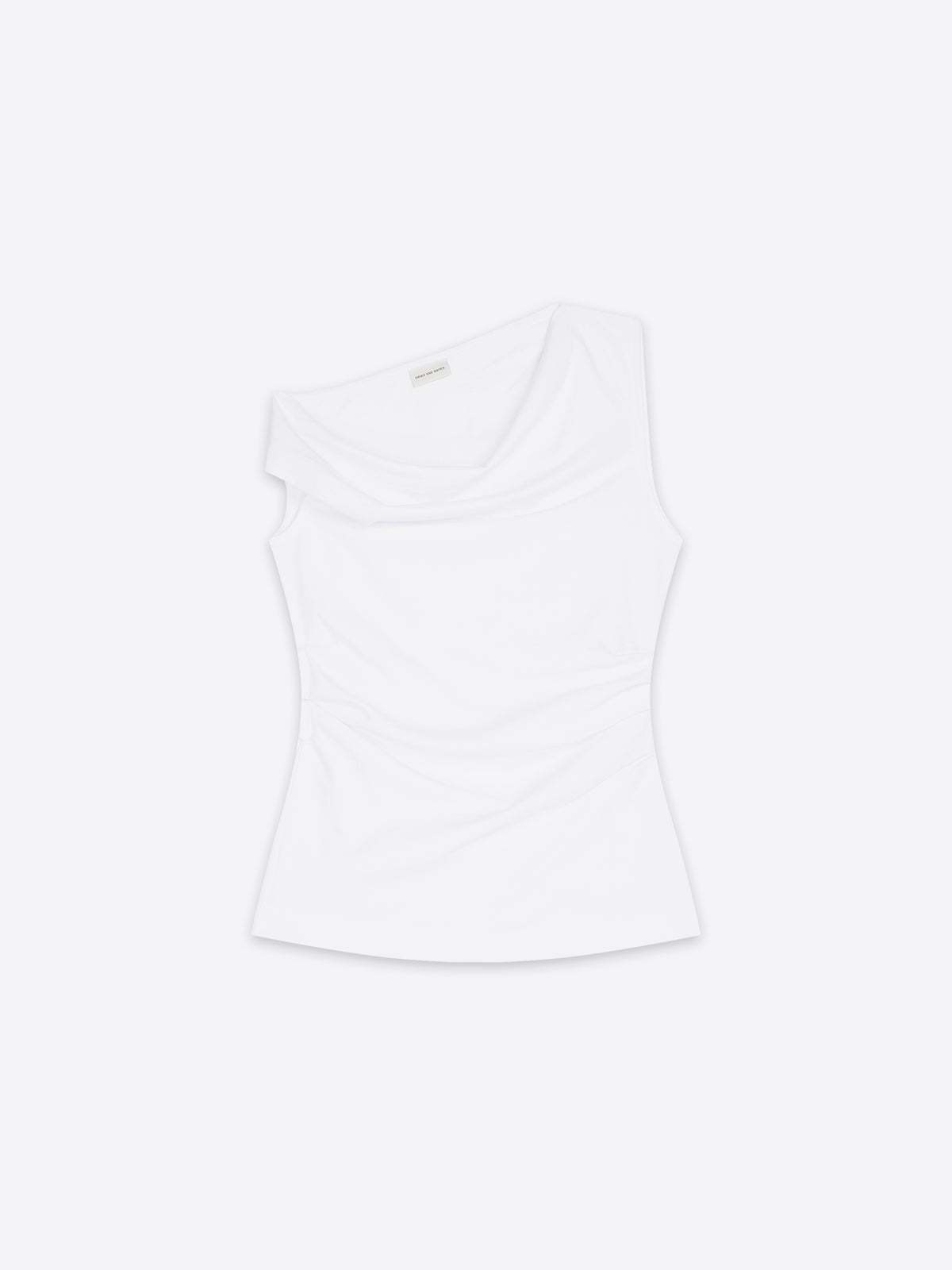 A white top with a ruched waist, shown flat against a light gray background.