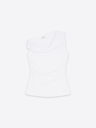 A white top with a ruched waist, shown flat against a light gray background.