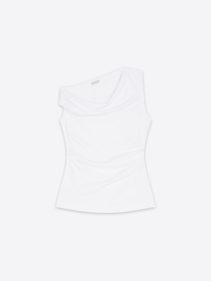 A white top with a ruched waist, shown flat against a light gray background.