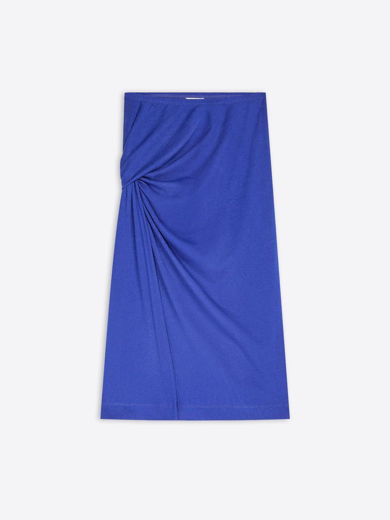 A royal blue wrap skirt with a gathered twist detail on the left side, displayed flat against a light gray background.