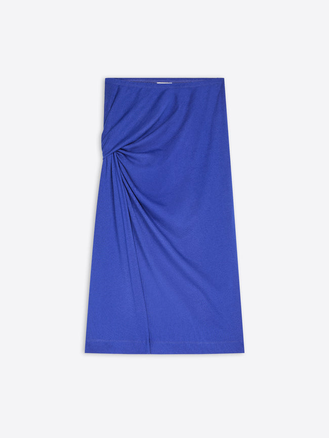 A royal blue wrap skirt with a gathered twist detail on the left side, displayed flat against a light gray background.