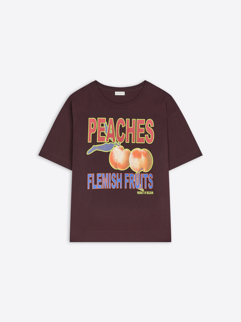 A dark plum-brown short-sleeve t-shirt featuring a colorful graphic print of two peaches with the text 'PEACHES FLEMISH FRUITS' on the front, displayed against a light gray background.