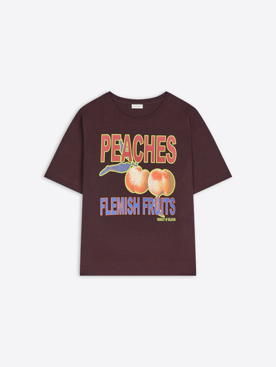 A dark plum-brown short-sleeve t-shirt featuring a colorful graphic print of two peaches with the text 'PEACHES FLEMISH FRUITS' on the front, displayed against a light gray background.