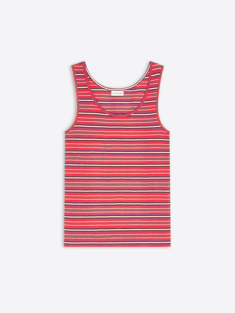 A sleeveless ribbed tank top with horizontal stripes displayed flat against a light gray background.