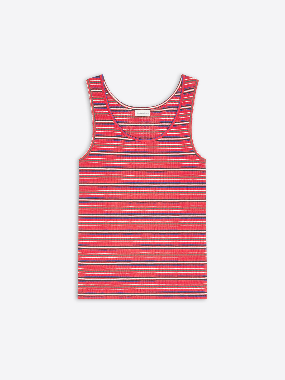A sleeveless ribbed tank top with horizontal stripes displayed flat against a light gray background.