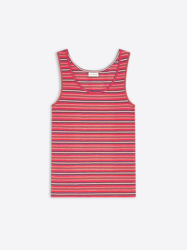 A sleeveless ribbed tank top with horizontal stripes displayed flat against a light gray background.