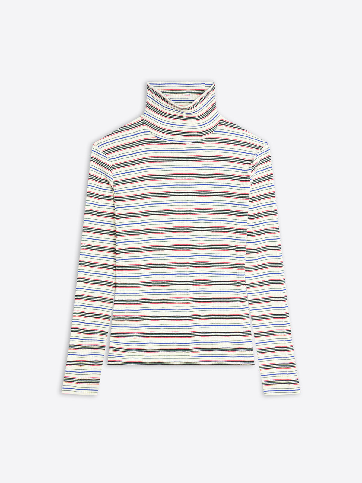 A long-sleeve turtleneck top with horizontal stripes in beige, brown, blue, and white, displayed on a light gray background.
