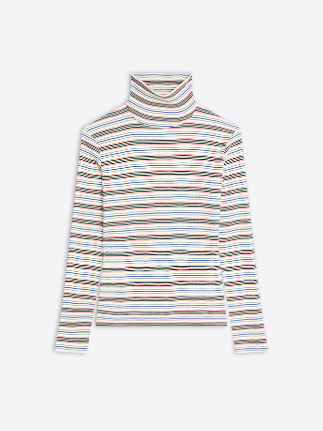 A long-sleeve turtleneck top with horizontal stripes in beige, brown, blue, and white, displayed on a light gray background.