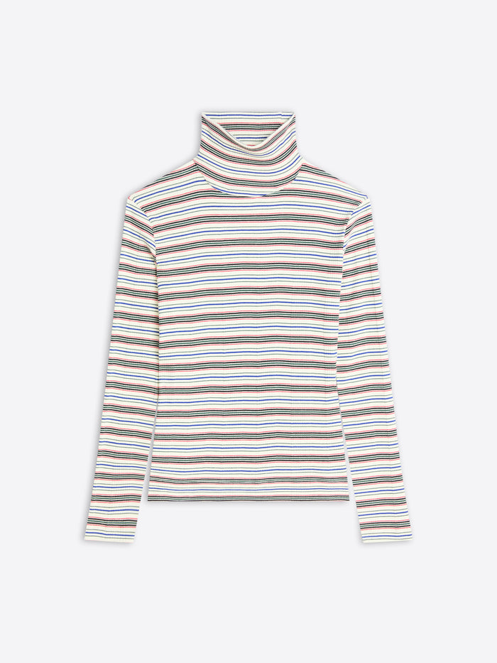 A long-sleeve turtleneck top with horizontal stripes in beige, brown, blue, and white, displayed on a light gray background.