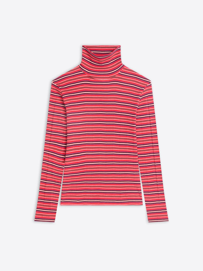 A red and pink striped turtleneck sweater on a light gray background