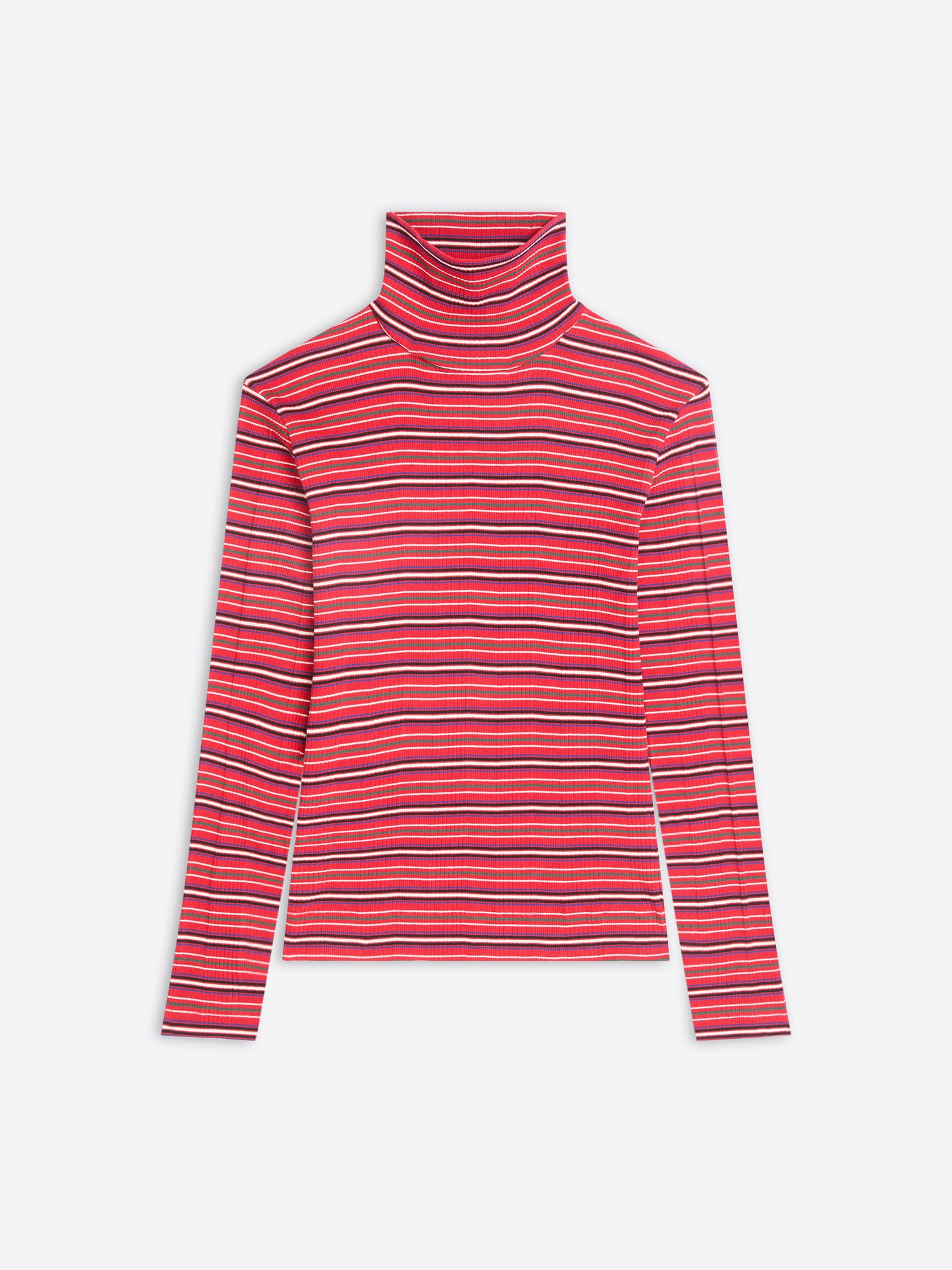 A red and pink striped turtleneck sweater on a light gray background