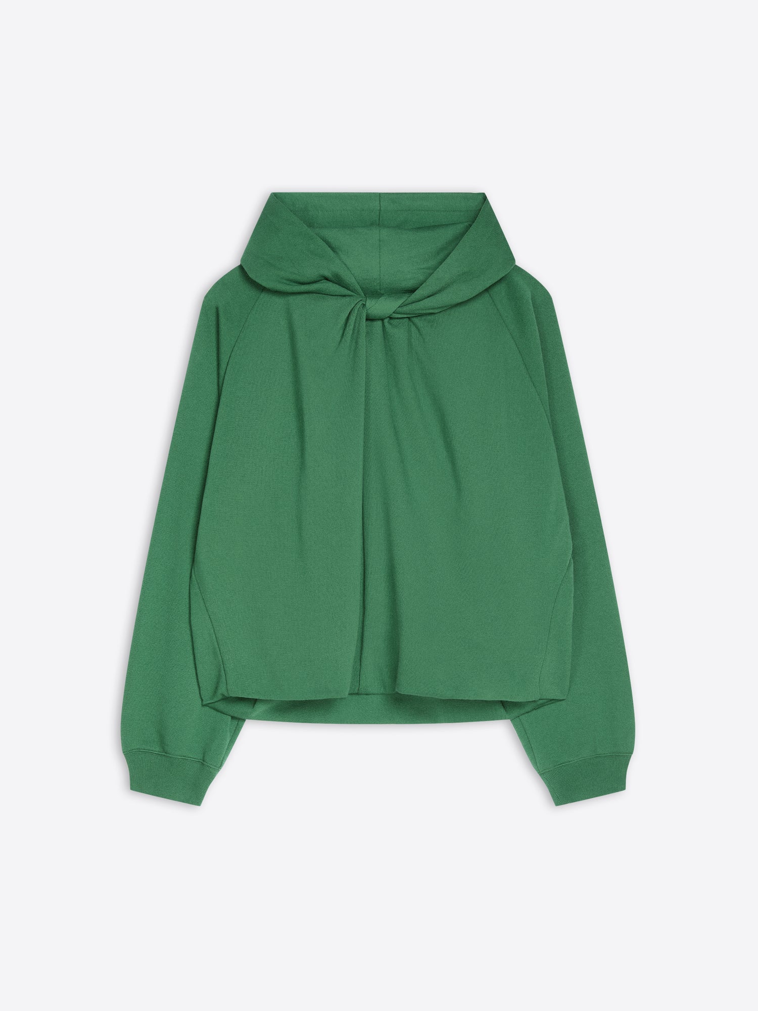 A green long-sleeve cropped hoodie with a draped, oversized front and a knotted tie detail at the neckline, shown against a light gray background.