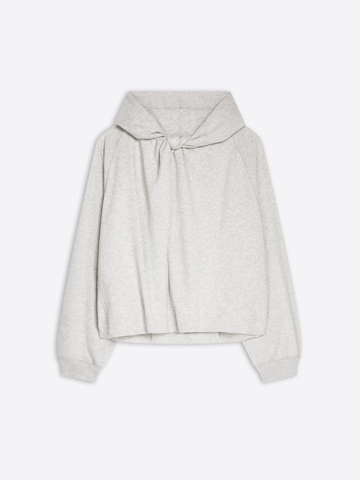 A light gray cropped hoodie with a large bow detail at the neckline, displayed flat against a white background.