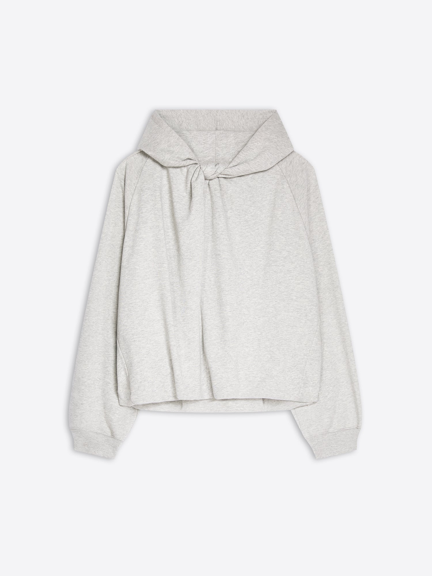 A light gray cropped hoodie with a large bow detail at the neckline, displayed flat against a white background.