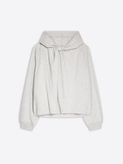 A light gray cropped hoodie with a large bow detail at the neckline, displayed flat against a white background.