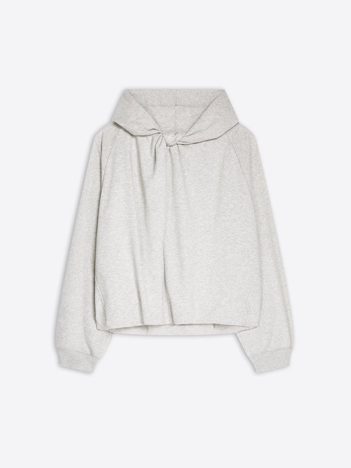 A light gray cropped hoodie with a large bow detail at the neckline, displayed flat against a white background.