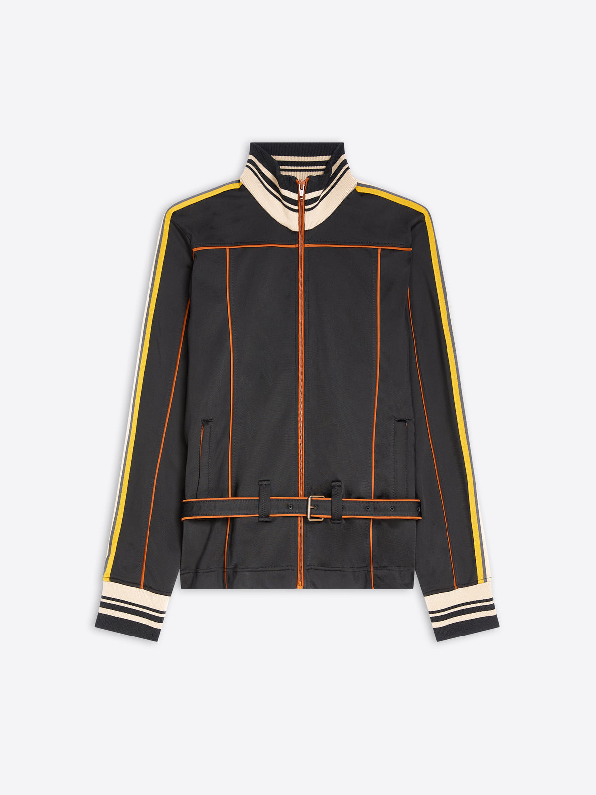 A black zip-up track jacket with cream and yellow stripe details on the shoulders, sleeves, and cuffs, and orange piping accents, shown against a light gray background.