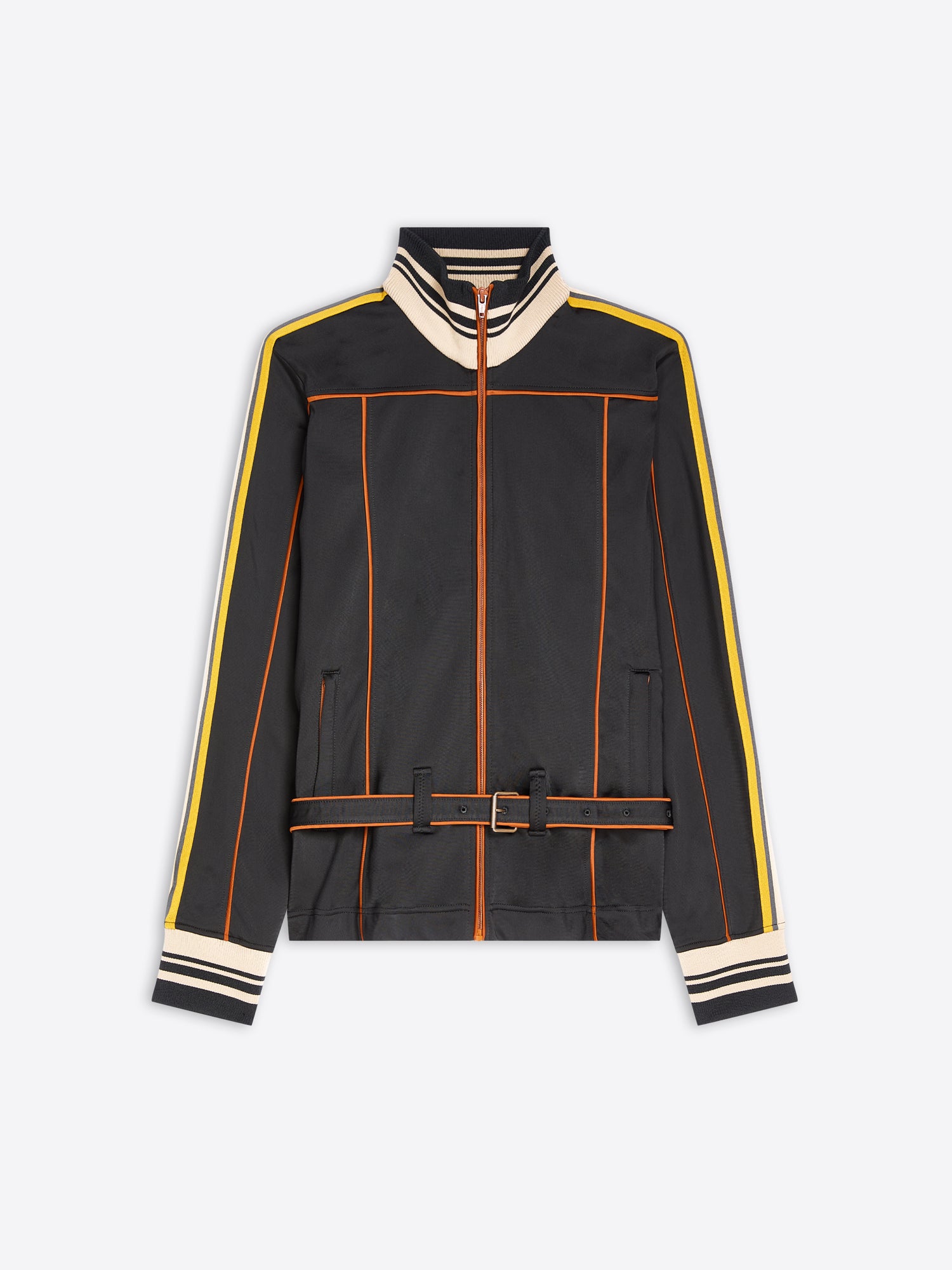 A black zip-up track jacket with cream and yellow stripe details on the shoulders, sleeves, and cuffs, and orange piping accents, shown against a light gray background.