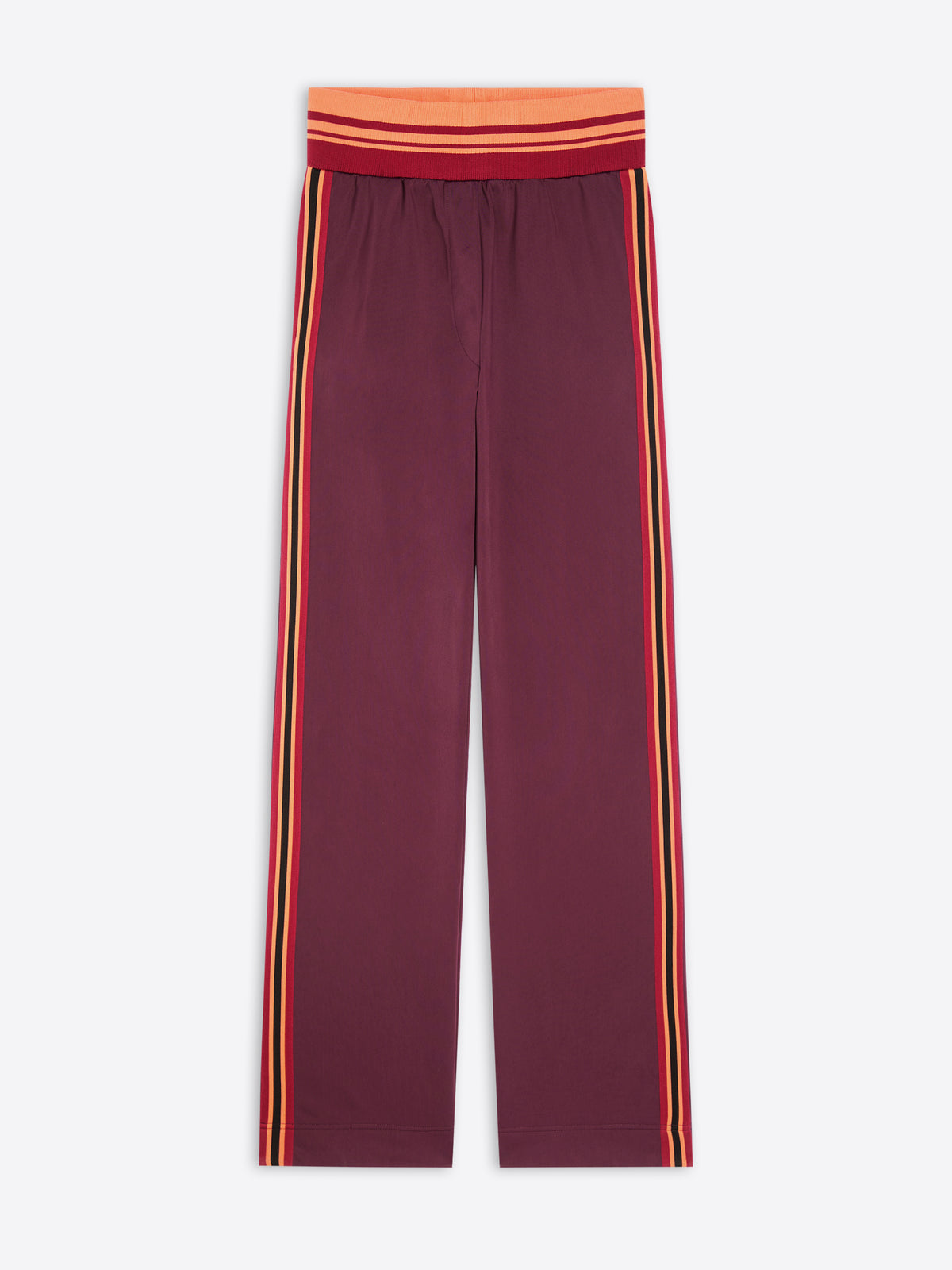 A pair of wide-leg pants in maroon, featuring double vertical stripes in yellow and orange running down the sides, with a matching red and orange striped elastic waistband.