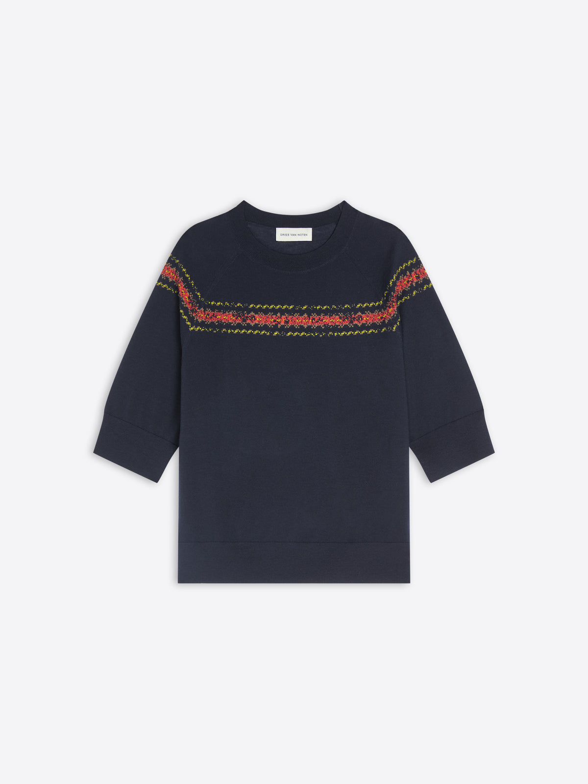 A navy blue long-sleeve knit sweater with a colorful embroidered horizontal stripe across the chest, displayed on a light gray background.