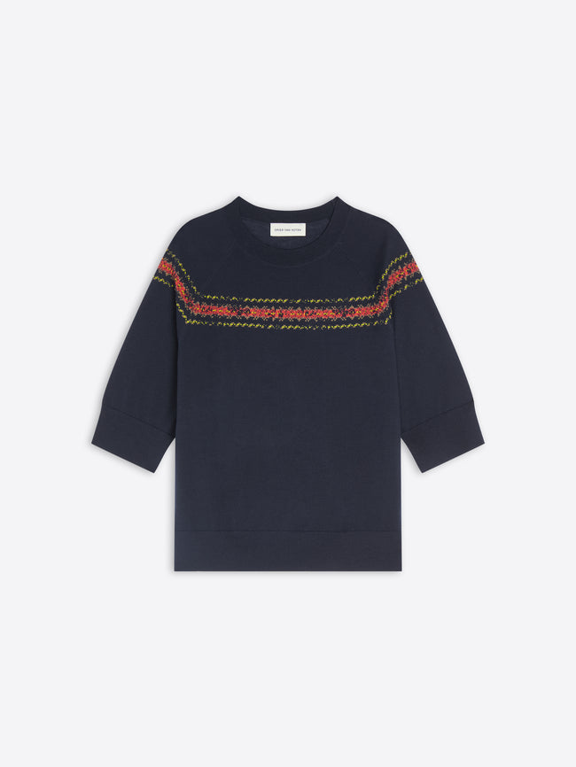 A navy blue long-sleeve knit sweater with a colorful embroidered horizontal stripe across the chest, displayed on a light gray background.