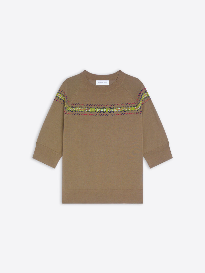 A brown knit crewneck sweater with a colorful geometric pattern stripe across the chest and shoulders, displayed flat against a light gray background.