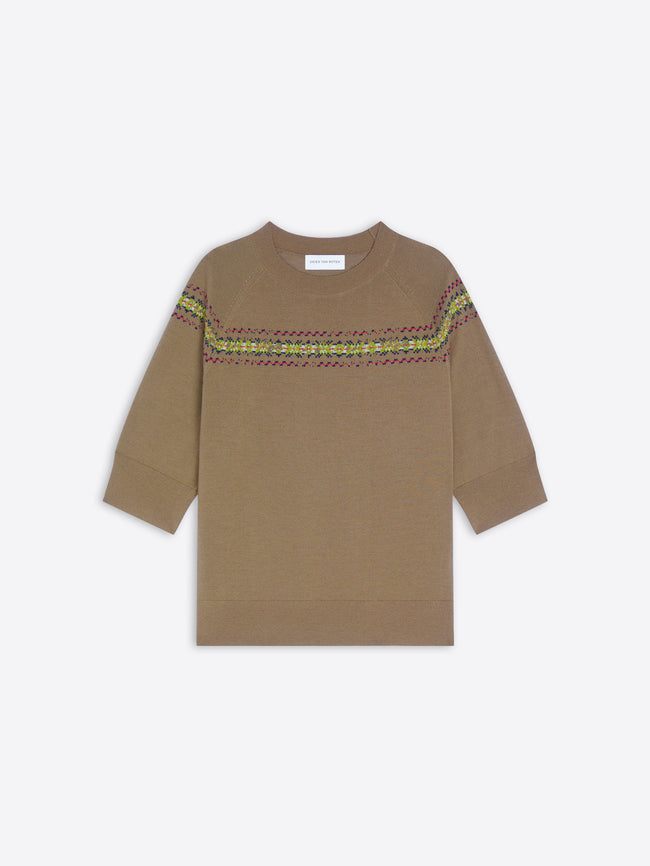 A brown knit crewneck sweater with a colorful geometric pattern stripe across the chest and shoulders, displayed flat against a light gray background.