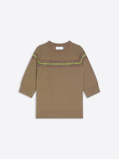 A brown knit crewneck sweater with a colorful geometric pattern stripe across the chest and shoulders, displayed flat against a light gray background.