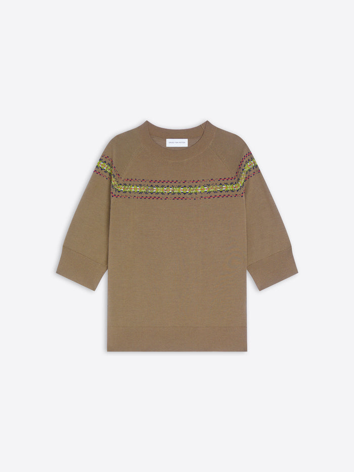 A brown knit crewneck sweater with a colorful geometric pattern stripe across the chest and shoulders, displayed flat against a light gray background.