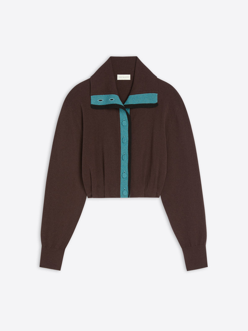 A dark brown cropped knit cardigan with long sleeves, featuring a teal button placket and a matching teal collar detail, displayed on a light gray background.