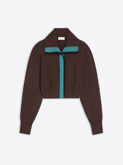 A dark brown cropped knit cardigan with long sleeves, featuring a teal button placket and a matching teal collar detail, displayed on a light gray background.
