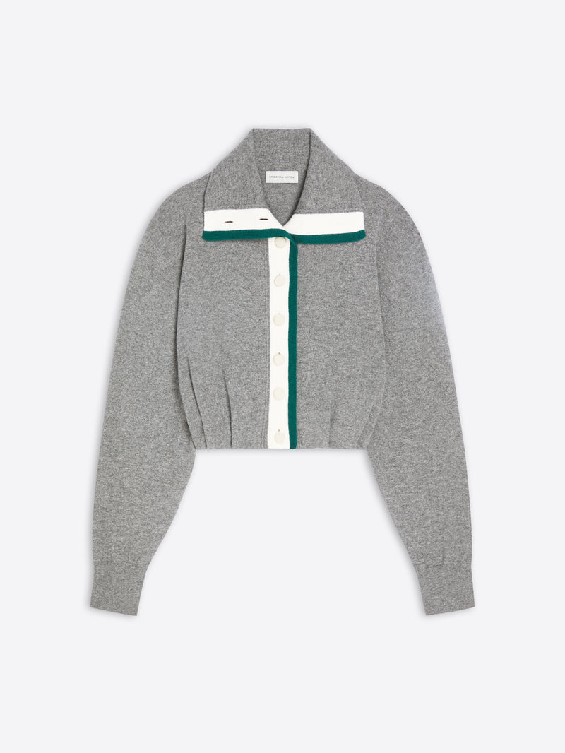 A cropped gray knit cardigan with a wide collar, featuring a white vertical stripe with white buttons down the center and a dark green accent stripe running parallel to it.