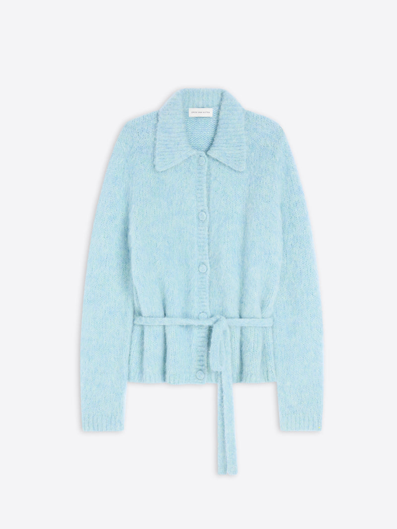A light blue knit cardigan with a collar, front buttons, and a matching tie belt at the waist, shown against a plain light gray background.