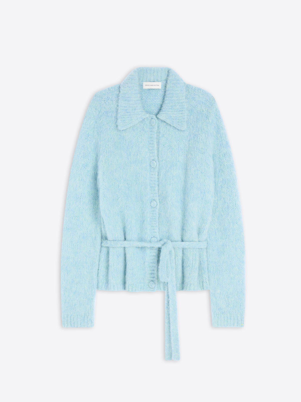 A light blue knit cardigan with a collar, front buttons, and a matching tie belt at the waist, shown against a plain light gray background.