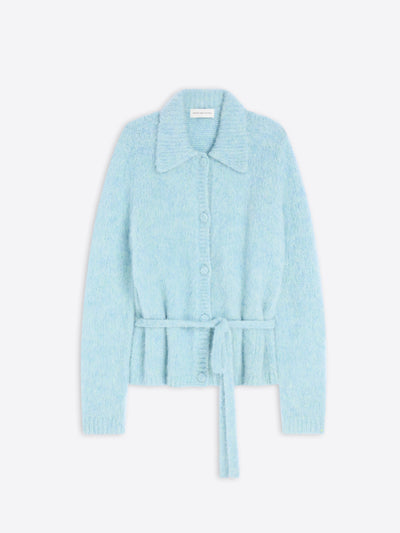 A light blue knit cardigan with a collar, front buttons, and a matching tie belt at the waist, shown against a plain light gray background.