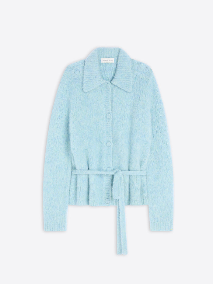 A light blue knit cardigan with a collar, front buttons, and a matching tie belt at the waist, shown against a plain light gray background.