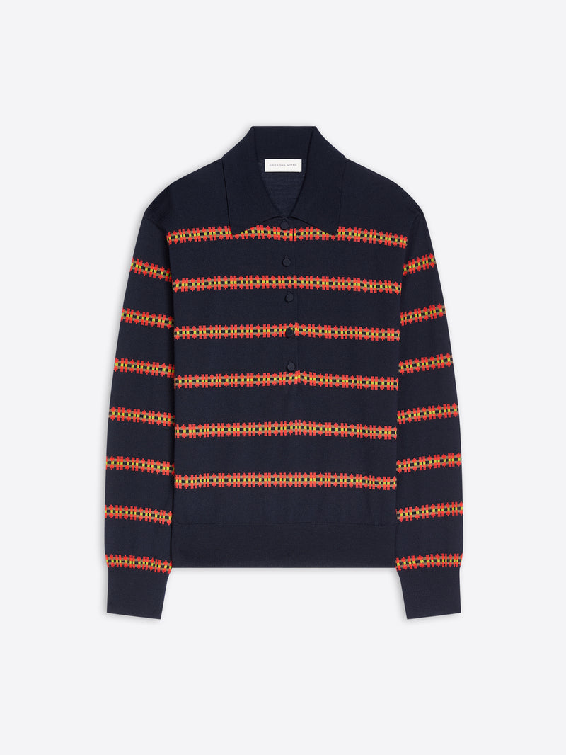A navy and orange striped knit polo sweater on a light gray background. 