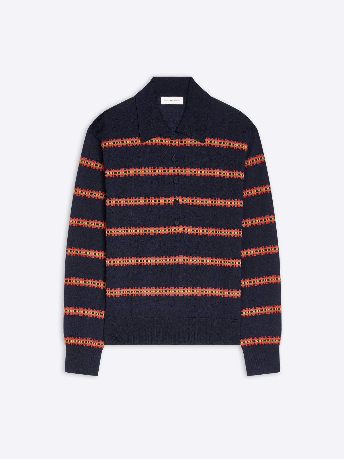 A navy and orange striped knit polo sweater on a light gray background. 