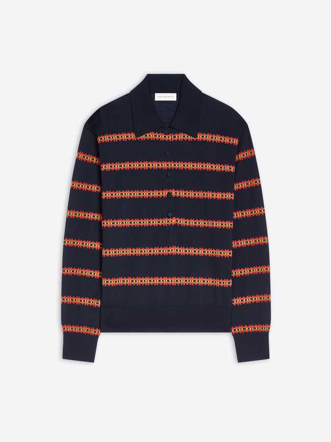 A navy and orange striped knit polo sweater on a light gray background. 