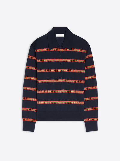 A navy and orange striped knit polo sweater on a light gray background. 