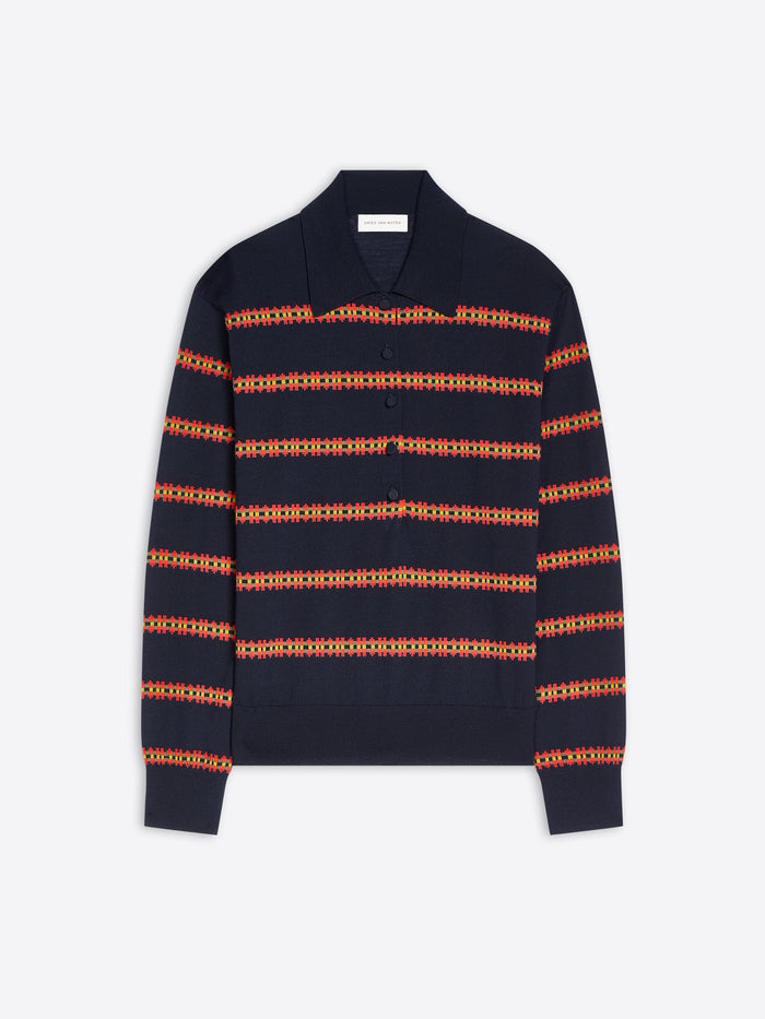 A navy and orange striped knit polo sweater on a light gray background. 